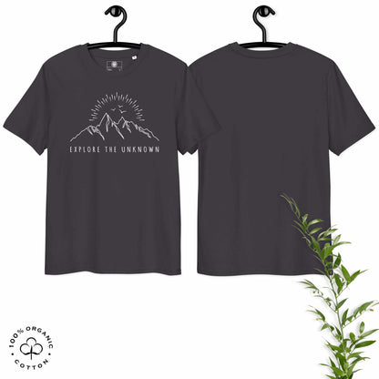 Anthracite organic cotton t-shirt with mountain, sun and birds graphic and 'Explore the Unknown' text on a white background