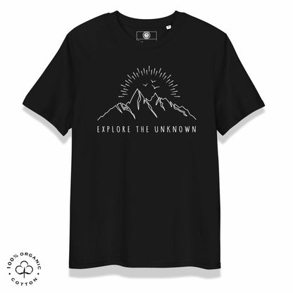 Black organic cotton t-shirt with mountain, sun and birds graphic and 'Explore the Unknown' text on a white background