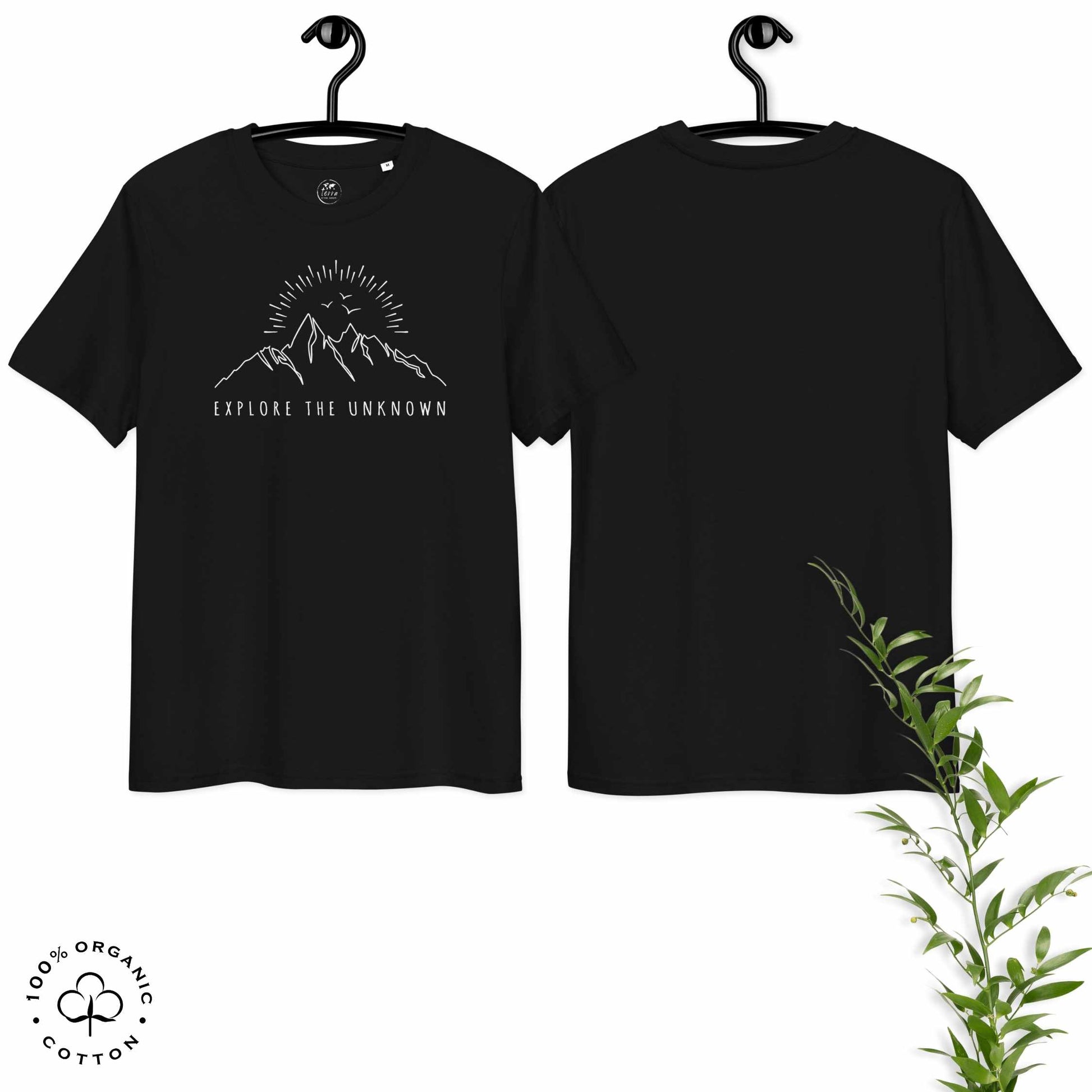 Black organic cotton t-shirt with mountain, sun and birds graphic and 'Explore the Unknown' text  on a white background