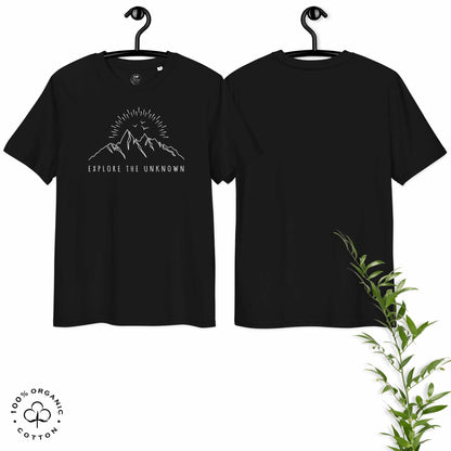 Black organic cotton t-shirt with mountain, sun and birds graphic and 'Explore the Unknown' text  on a white background