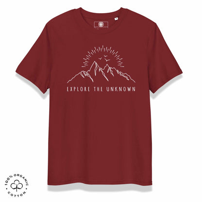 Burgundy organic cotton t-shirt with mountain, sun and birds graphic and 'Explore the Unknown' text on a white background