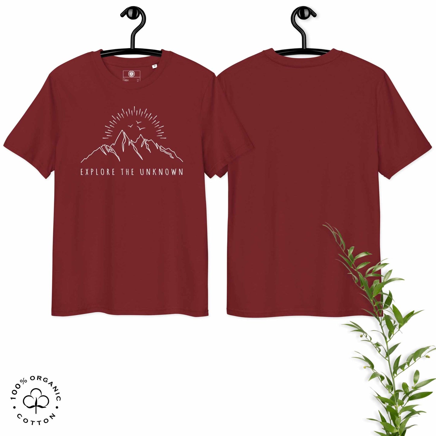 Hanged burgundy organic cotton t-shirt with mountain, sun and birds graphic and 'Explore the Unknown' text  on a white background