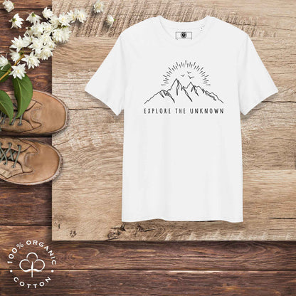 Eco-friendly -shirt with  with mountain design and 'Explore the Unknown' text.