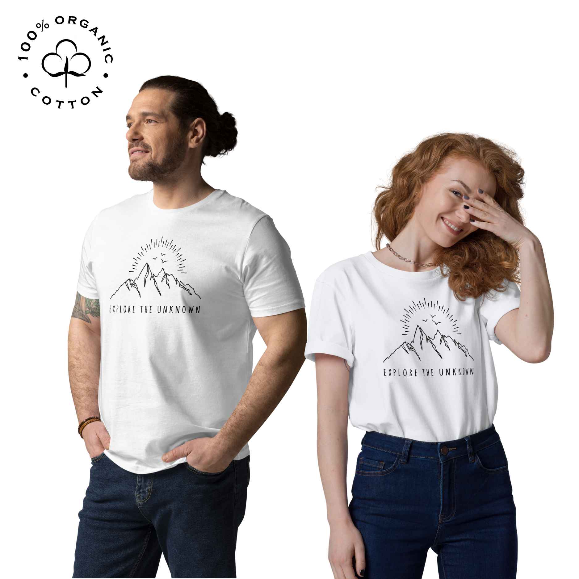 Eco-friendly -shirt with  with mountain design and 'Explore the Unknown' text.