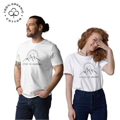 Eco-friendly -shirt with  with mountain design and 'Explore the Unknown' text.