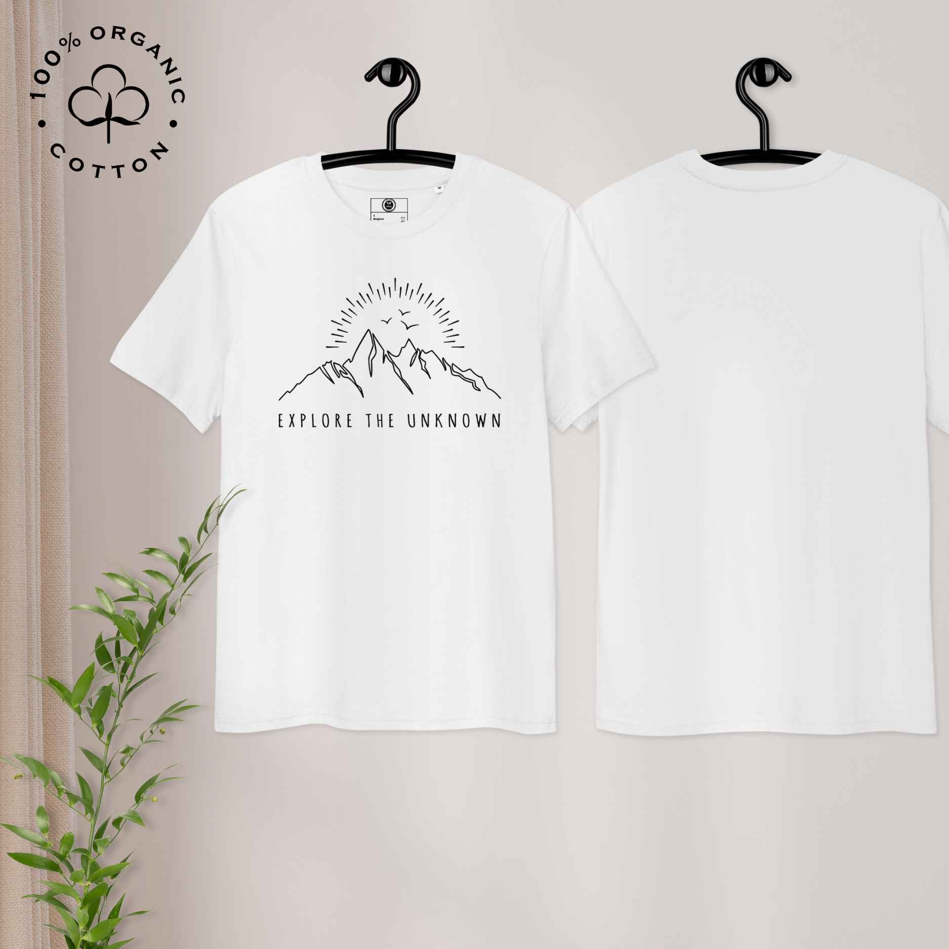 Eco-friendly -shirt with  with mountain design and 'Explore the Unknown' text.