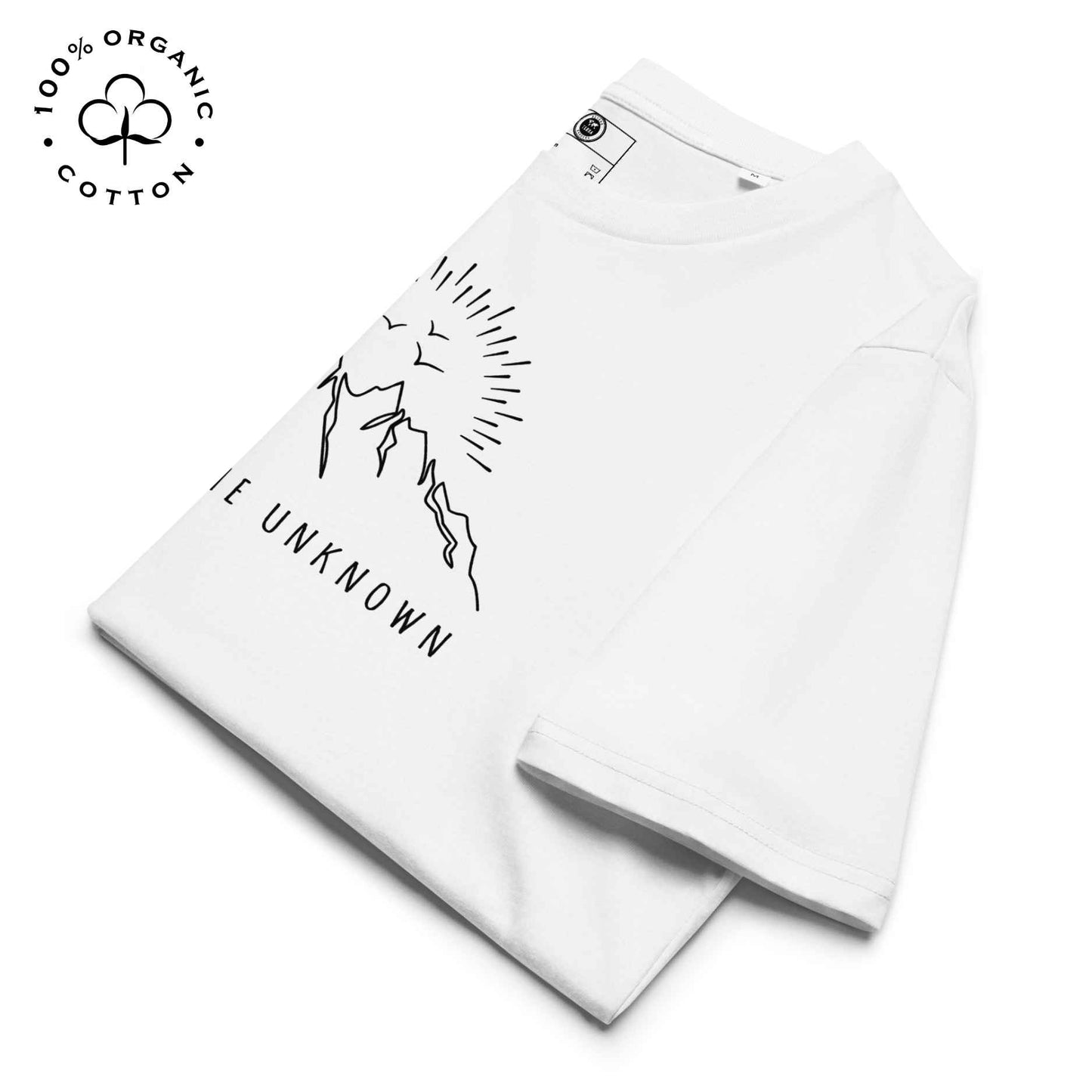 Eco-friendly -shirt with  with mountain design and 'Explore the Unknown' text.