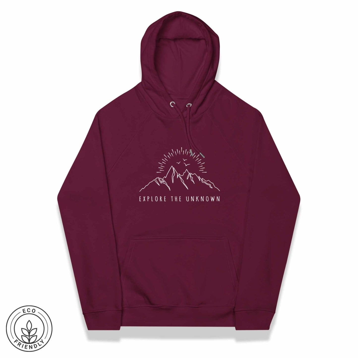 Maroon hoodie with mountain graphic and 'Explore the Unknown' text on a white background