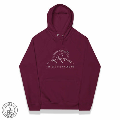 Maroon hoodie with mountain graphic and 'Explore the Unknown' text on a white background