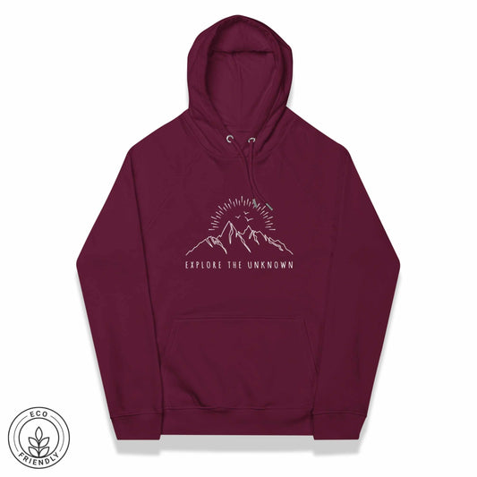 Maroon hoodie with mountain graphic and 'Explore the Unknown' text on a white background