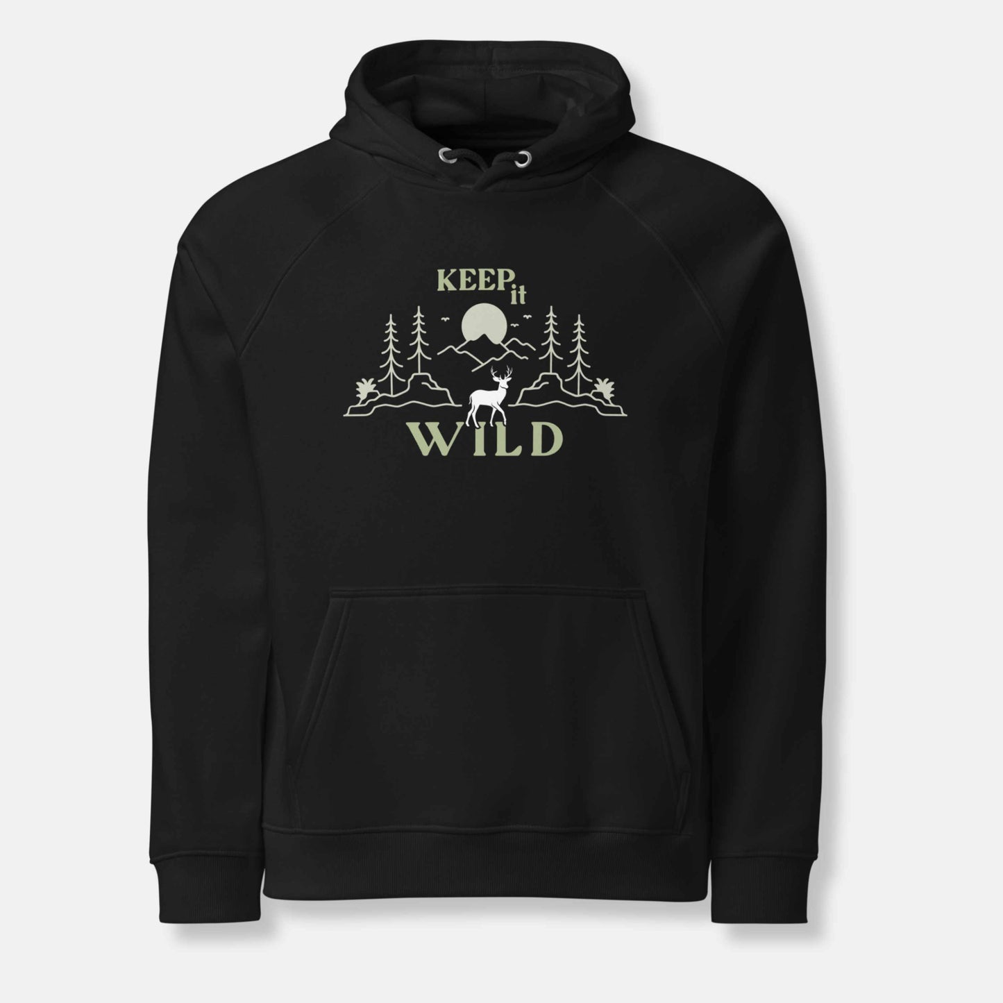 black eco hoodie with 'Keep it Wild' bold and deer, mountain, forest graphic design