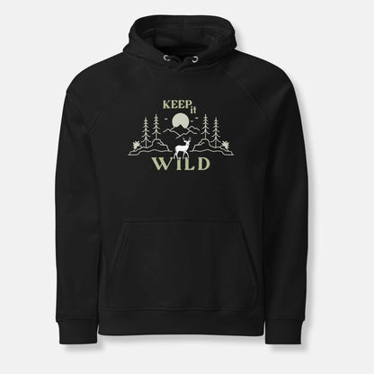 black eco hoodie with 'Keep it Wild' bold and deer, mountain, forest graphic design