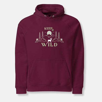 Burgundy eco hoodie with 'Keep it Wild' bold and deer, mountain, forest graphic design