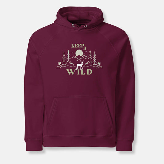 Burgundy eco hoodie with 'Keep it Wild' bold and deer, mountain, forest graphic design