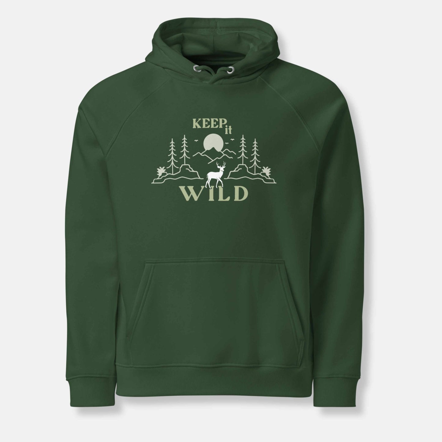 green eco hoodie with 'Keep it Wild' bold and deer, mountain, forest graphic design