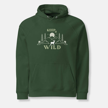 green eco hoodie with 'Keep it Wild' bold and deer, mountain, forest graphic design