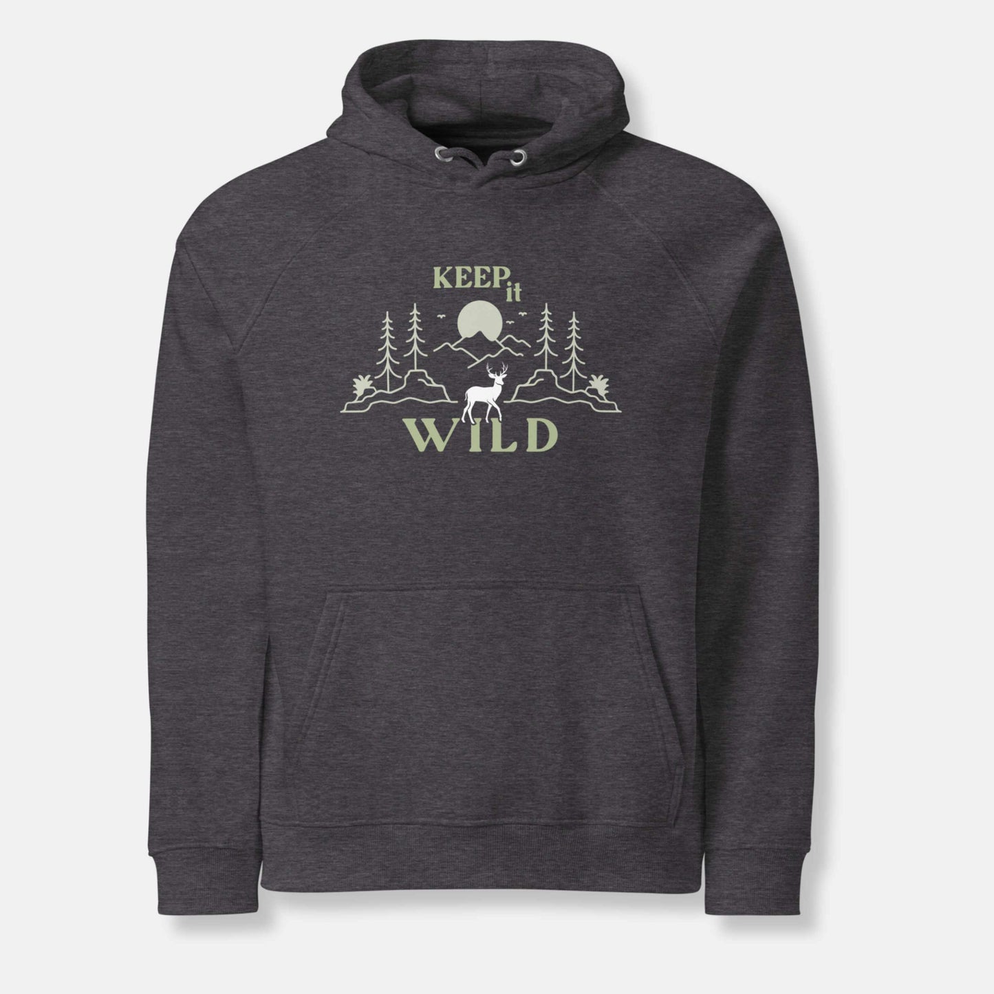 charcoal eco hoodie with 'Keep it Wild' bold and deer, mountain, forest graphic design