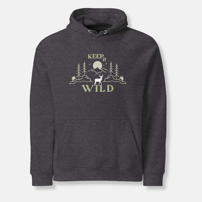 charcoal eco hoodie with 'Keep it Wild' bold and deer, mountain, forest graphic design