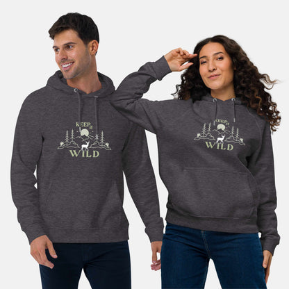 Man and woman wearing charcoal eco hoodie with 'Keep it Wild' bold and deer, mountain, forest graphic design