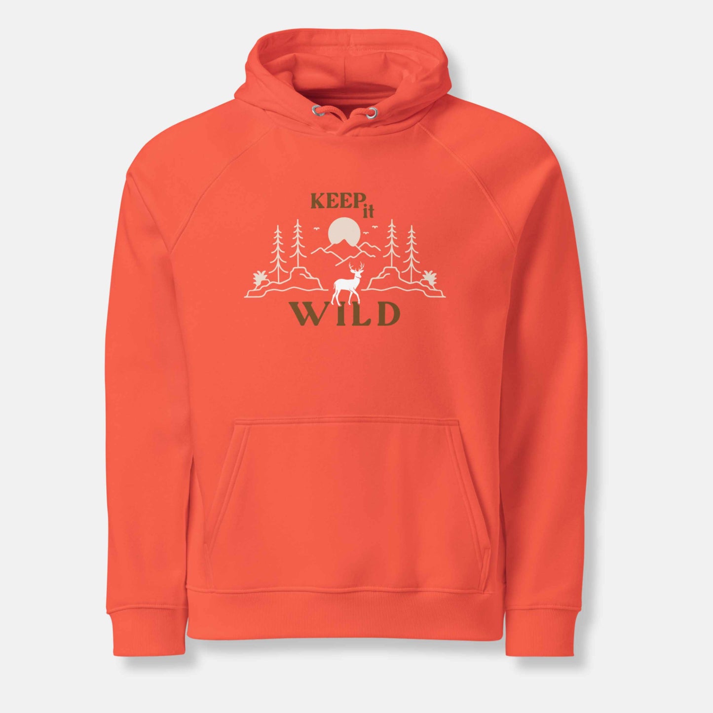 orange eco hoodie with 'Keep it Wild' bold and deer, mountain, forest graphic design