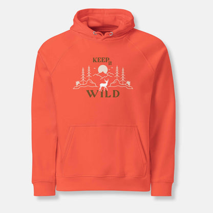 orange eco hoodie with 'Keep it Wild' bold and deer, mountain, forest graphic design