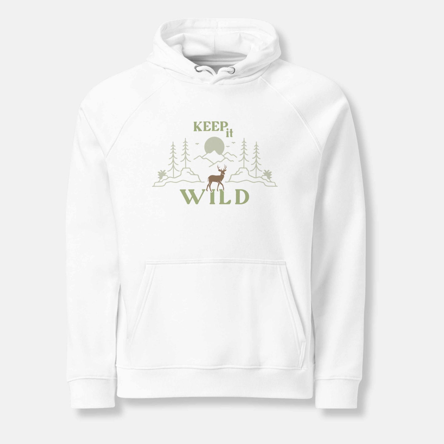  white eco hoodie with 'Keep it Wild' bold and deer, mountain, forest graphic design