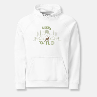  white eco hoodie with 'Keep it Wild' bold and deer, mountain, forest graphic design