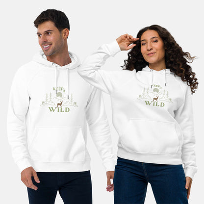 Man and woman wearing white eco hoodie with 'Keep it Wild' bold and deer, mountain, forest graphic design