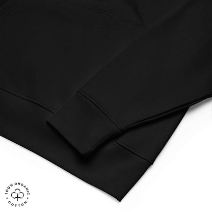 Close-up of black fabric Organic Cotton logo.
