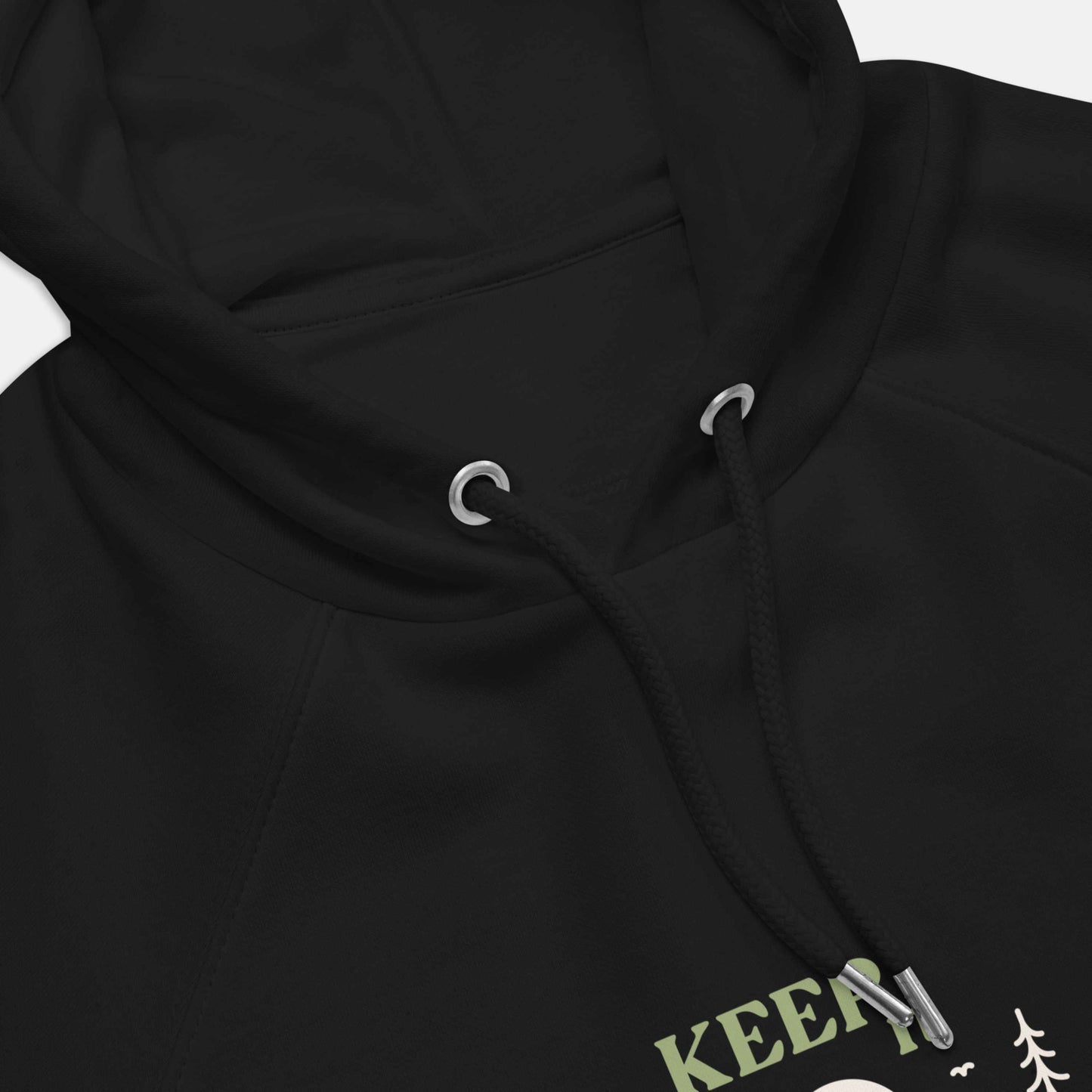 black eco hoodie with 'Keep it Wild' bold and deer, mountain, forest graphic design