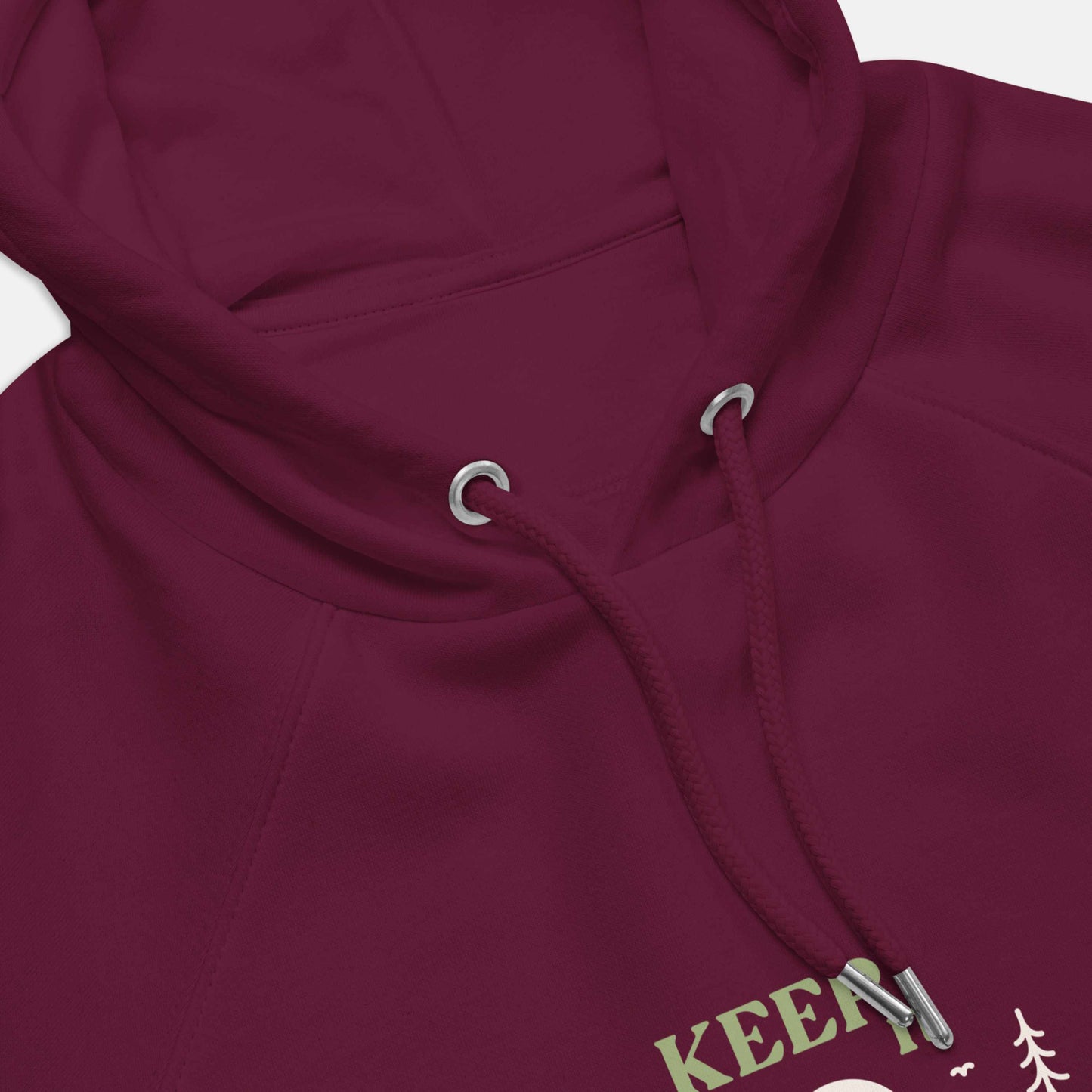 burgundy eco hoodie with 'Keep it Wild' bold and deer, mountain, forest graphic design