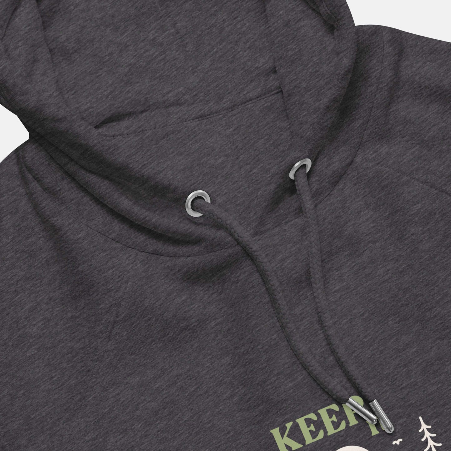 charcoal eco hoodie with 'Keep it Wild' bold and deer, mountain, forest graphic design