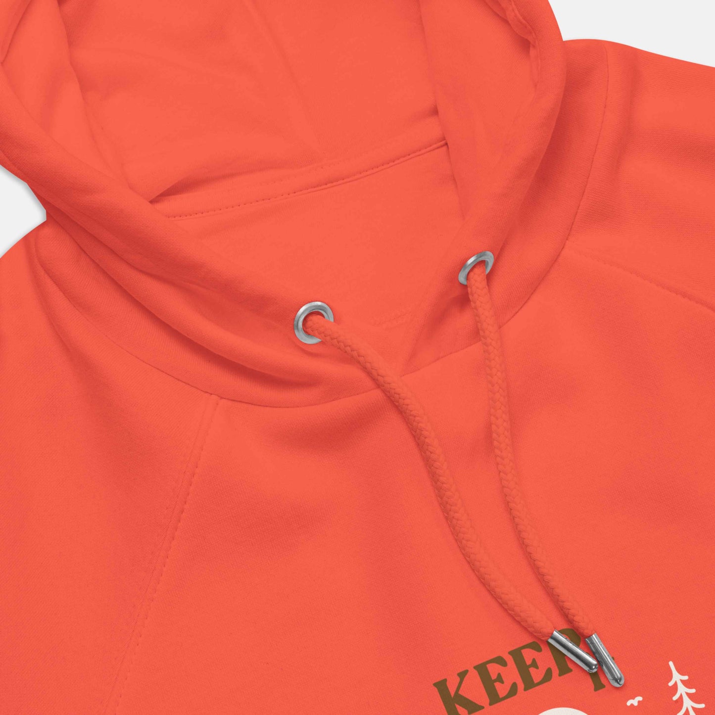orange eco hoodie with 'Keep it Wild' bold and deer, mountain, forest graphic design