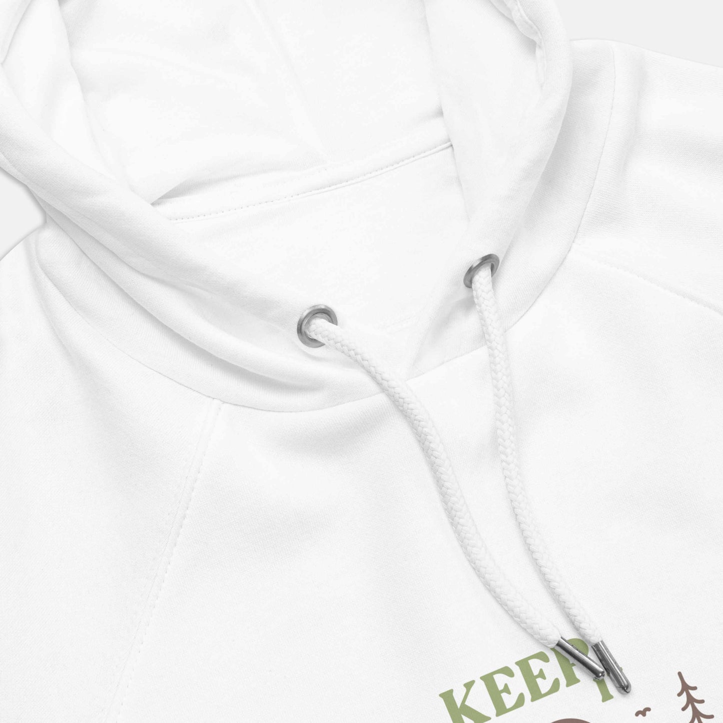 white eco hoodie with 'Keep it Wild' bold and deer, mountain, forest graphic design