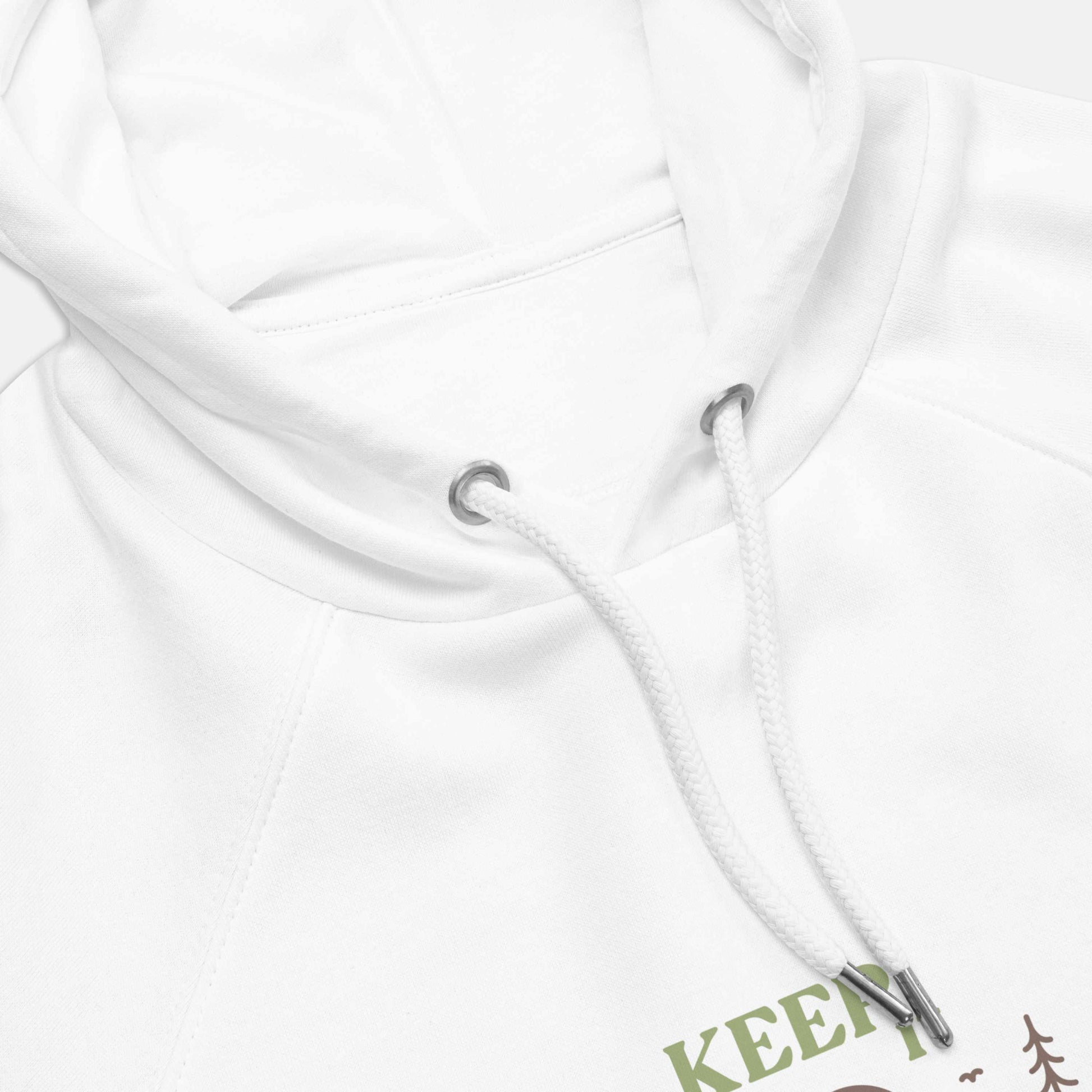 white eco hoodie with 'Keep it Wild' bold and deer, mountain, forest graphic design