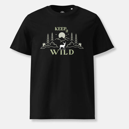 black organic t-shirt with 'Keep it Wild' bold and deer, mountain, forest graphic design