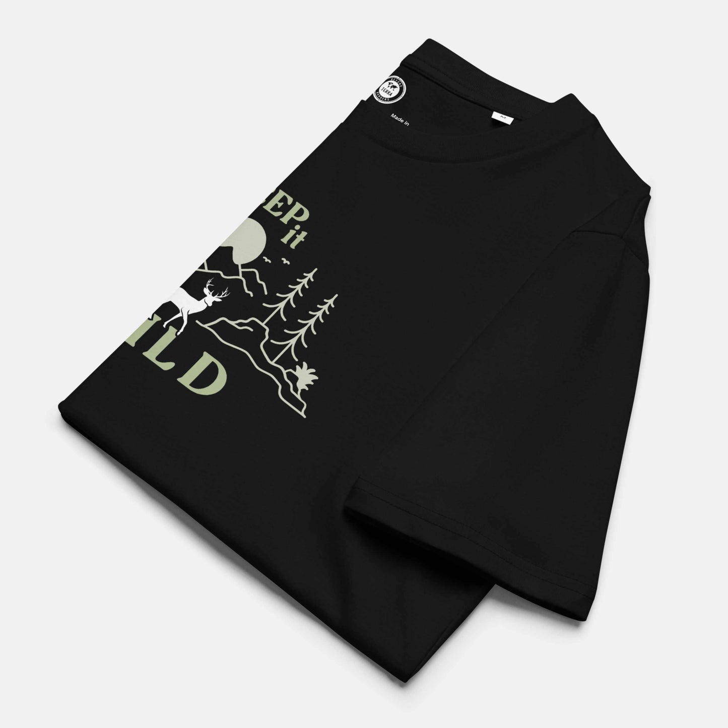 black organic t-shirt with 'Keep it Wild' bold and deer, mountain, forest graphic design