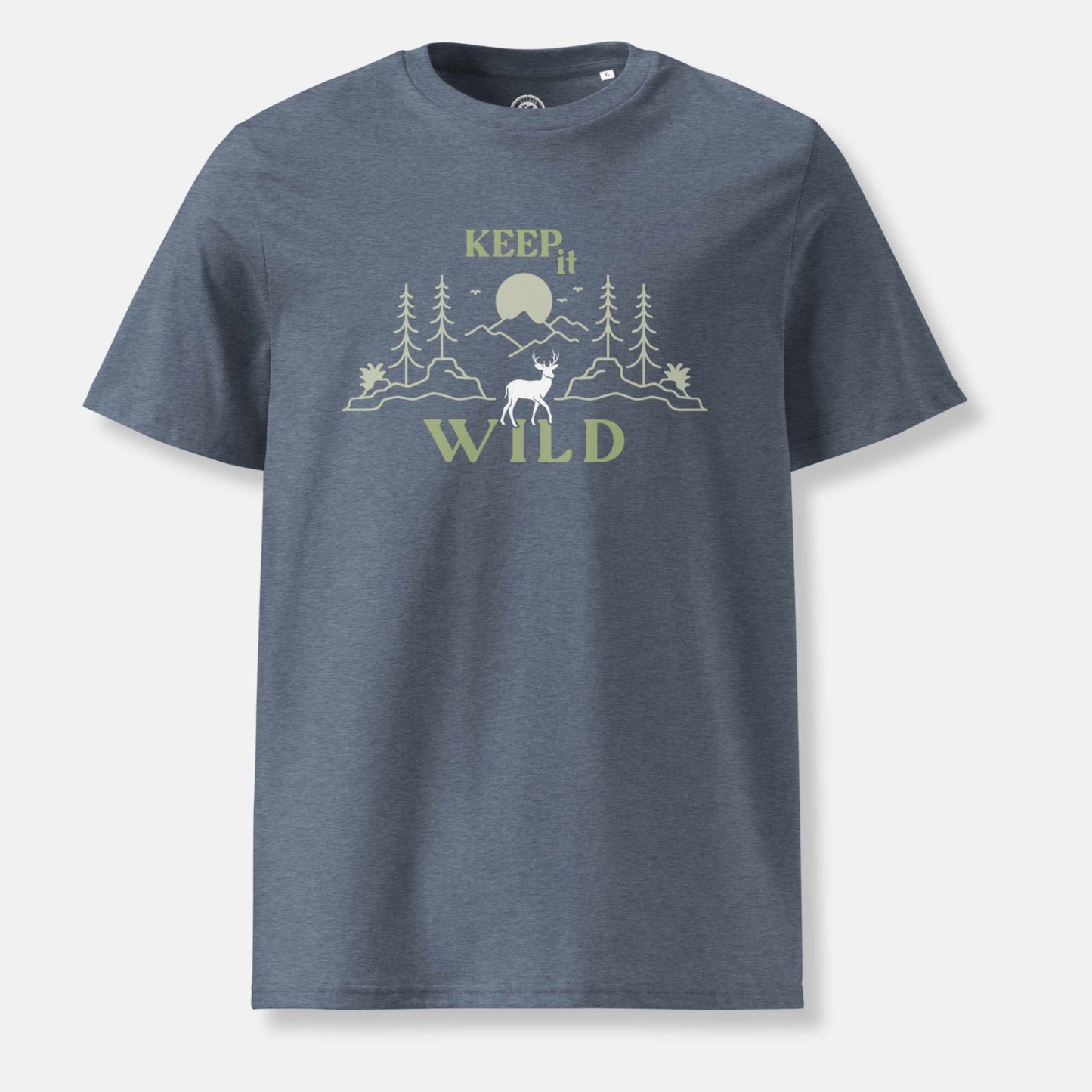 dark heather blue organic t-shirt with 'Keep it Wild' bold and deer, mountain, forest graphic design