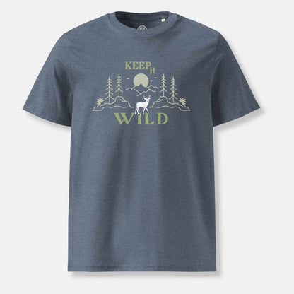 dark heather blue organic t-shirt with 'Keep it Wild' bold and deer, mountain, forest graphic design