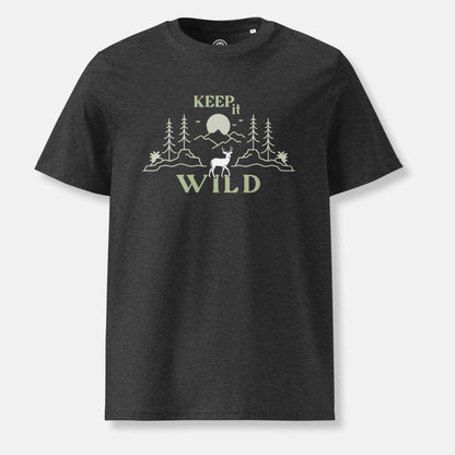 dark grey organic t-shirt with 'Keep it Wild' bold and deer, mountain, forest graphic design