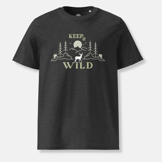 dark grey organic t-shirt with 'Keep it Wild' bold and deer, mountain, forest graphic design