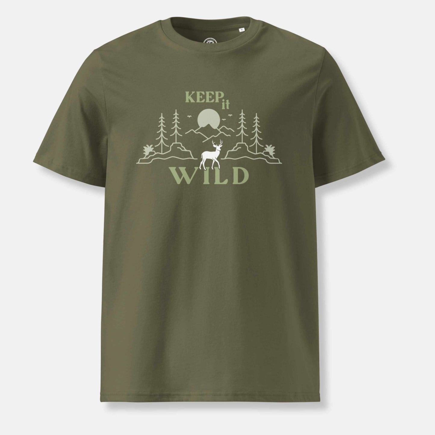 khaki organic t-shirt with 'Keep it Wild' bold and deer, mountain, forest graphic design