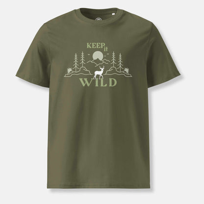 khaki organic t-shirt with 'Keep it Wild' bold and deer, mountain, forest graphic design