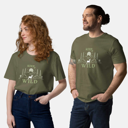 man and woman wearing khaki organic t-shirt with 'Keep it Wild' bold and deer, mountain, forest graphic design
