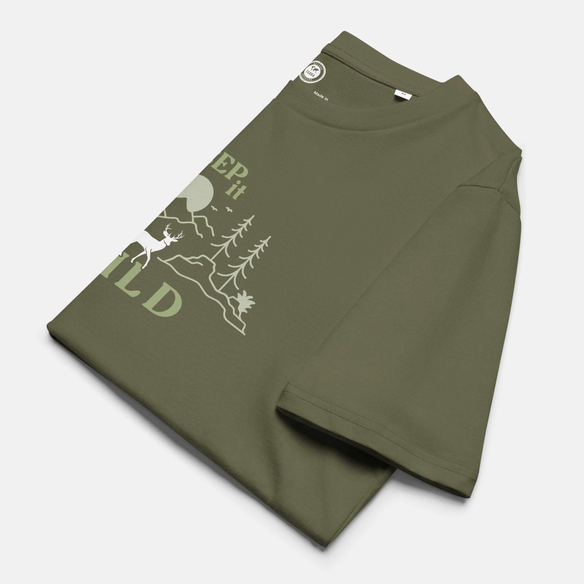 khaki organic t-shirt with 'Keep it Wild' bold and deer, mountain, forest graphic design