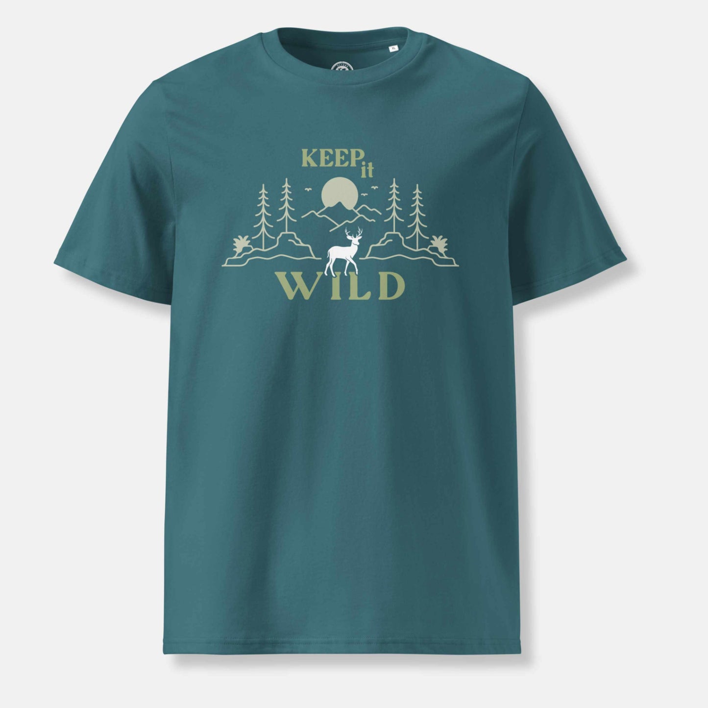 stargazer organic t-shirt with 'Keep it Wild' bold and deer, mountain, forest graphic design
