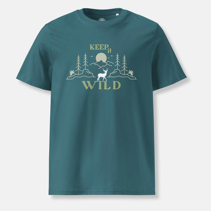 stargazer organic t-shirt with 'Keep it Wild' bold and deer, mountain, forest graphic design