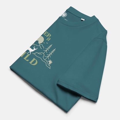 stargazer organic t-shirt with 'Keep it Wild' bold and deer, mountain, forest graphic design