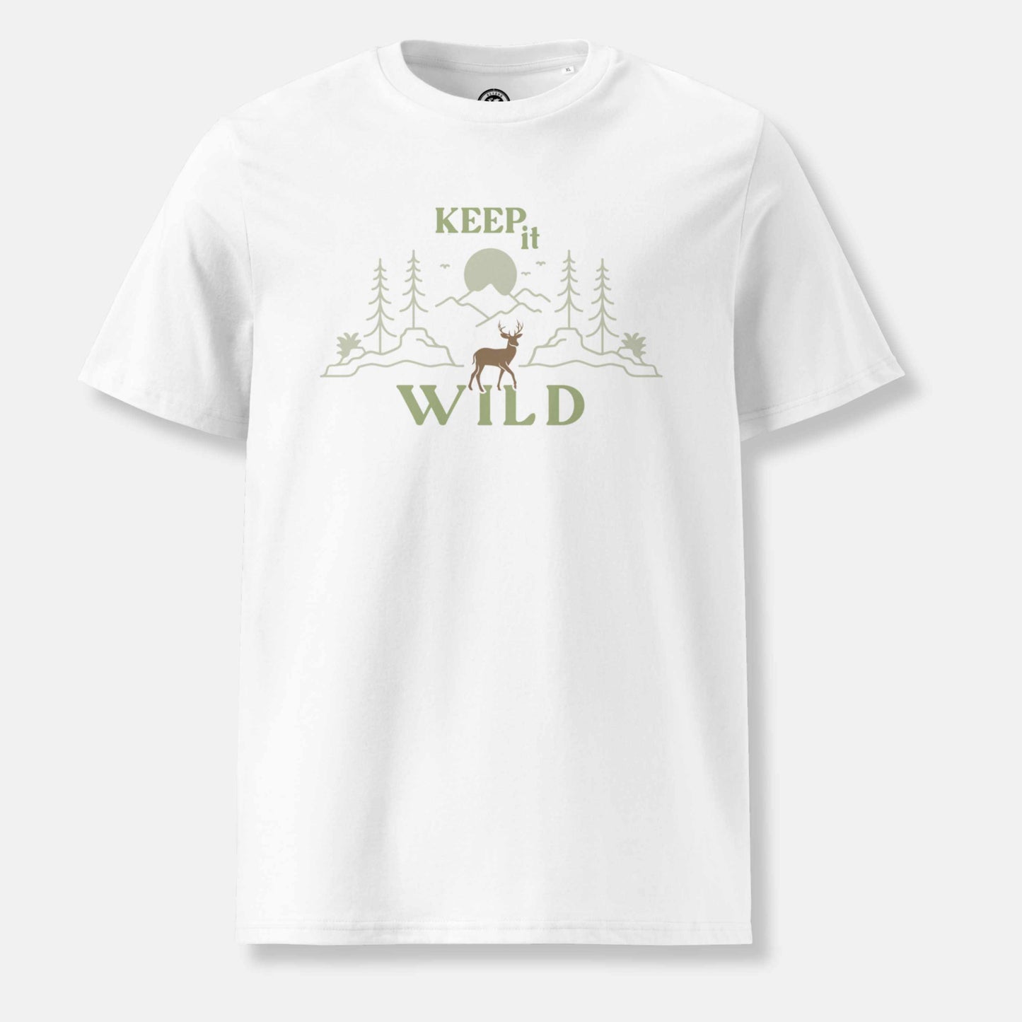 white organic t-shirt with 'Keep it Wild' bold and deer, mountain, forest graphic design