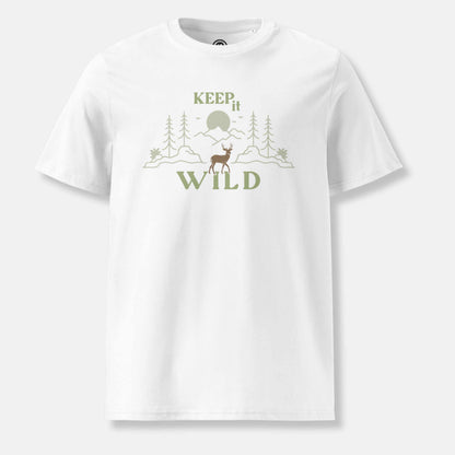 white organic t-shirt with 'Keep it Wild' bold and deer, mountain, forest graphic design